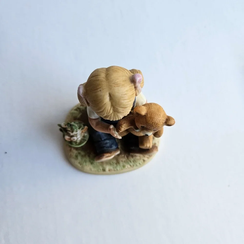 Vintage Homco Denim Days Figurine 1504 Girl with Teddy Bear and Flower Pot 1985